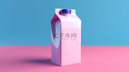 双色调风格空白蓝色牛奶或果汁纸盒，粉红色背景，3D 呈现