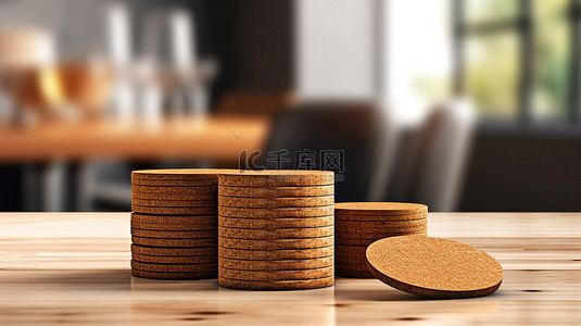 白色木桌的 3D 渲染，上面有一堆圆形软木啤酒杯垫模型