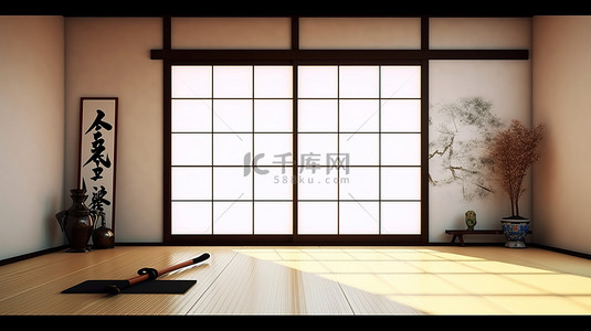 日本房子框架背景图片_日本风格的房间，配有武士刀和框架 3D 渲染