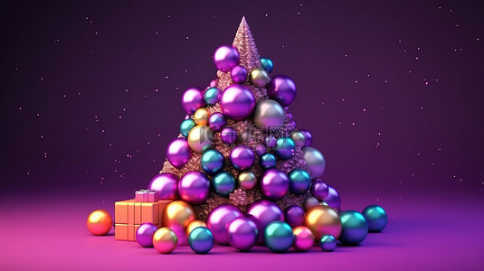 充满活力的圣诞树丝带，上面有彩色球和 3D 渲染的化妆品