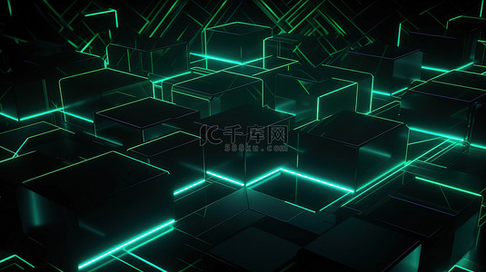3d 中的未来派插图发光的黑色和绿色几何抽象背景