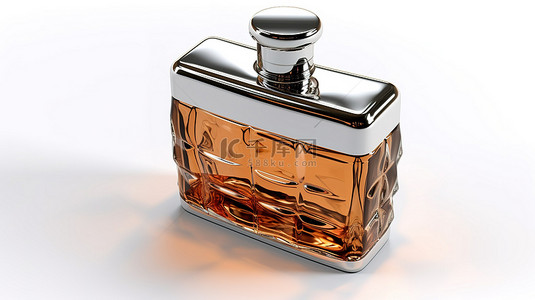 白兰地饮料背景图片_3d 不锈钢烧瓶时尚金属容器，用于威士忌和干邑白兰地