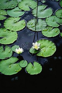 有云的池塘里有许多绿色的百合花