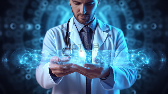 男医生多任务指着笔记本电脑并在 3D 合成图像中使用手机
