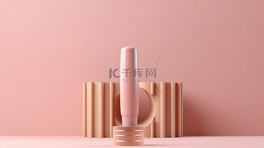 木架上展示的精致粉红色背景上的化妆品管的 3D 渲染