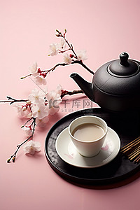 粉红色盘子上的茶壶和花盆