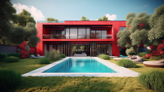 别墅豪宅背景图片_令人惊叹的当代红色别墅，配有壮观的游泳池和郁郁葱葱的花园 3D 渲染