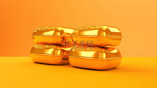 3D 金色中国锭以充满活力的黄色背景为背景，用此渲染插图庆祝中国新年