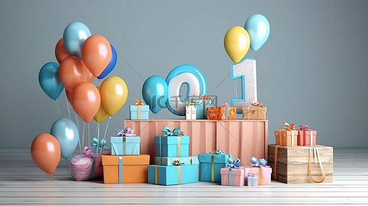 用气球和礼品盒庆祝第十年节日生日庆典的 3D 渲染