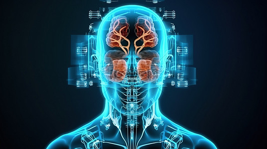 蒸馏器材背景图片_创新医疗技术 3D 渲染机器人利用图形显示分析大脑 X 射线