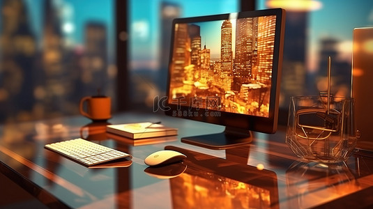 办公室工作区概念 3D 渲染计算机屏幕与桌面反射和用品的特写