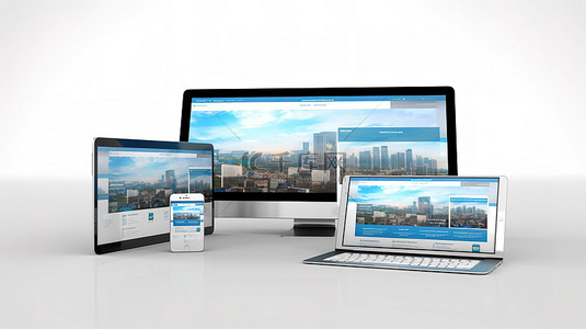 登上背景图片_3D 渲染在电脑平板电脑和智能手机屏幕上显示的响应式网站，用于在线营销