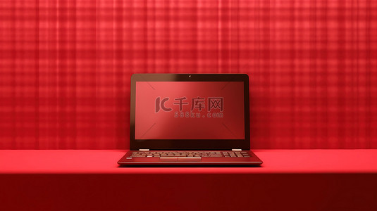 红色办公室墙上笔记本电脑的 3D 插图