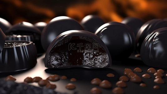 巧克力坚果背景图片_黑巧克力松露糖果，全榛子 3d 渲染
