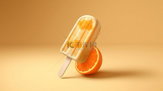 棍子上冷冻橙色冰棒的 3D 插图