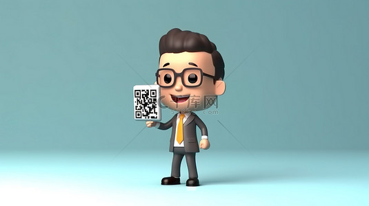 持有智能手机的卡通人物的 3D 渲染，用于基于二维码的支付或认证验证概念