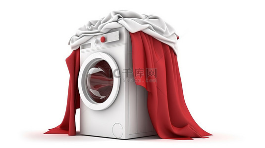 红色洗衣背景图片_光滑的白色洗衣机，在干净的背景 3D 渲染上装饰着充满活力的红色降落伞