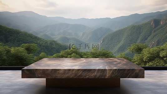 桌子空背景图片_受自然启发的 3D 渲染棕色大理石桌子非常适合产品展示