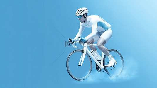 赛车活动背景图片_侧视图中骑自行车者的轮廓在蓝色背景 3D 插图中赛车，并使用复制空间进行渲染