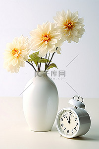 白色陶背景图片_有花和时钟的白色陶瓷花瓶