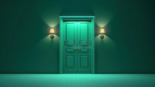 大挑战背景背景图片_绿色背景上的照明门口，带有空白空间 3D 渲染