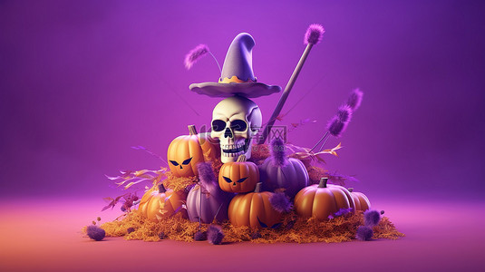 幽灵般的万圣节场景女巫帽子骨头头骨南瓜和扫帚盘旋在紫色 3D 背景上