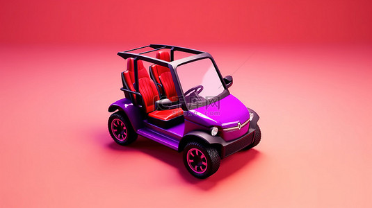 黑色背景车背景图片_火红色旅游运动高尔夫球车的 3D 等距渲染，在充满活力的粉色和紫色背景下
