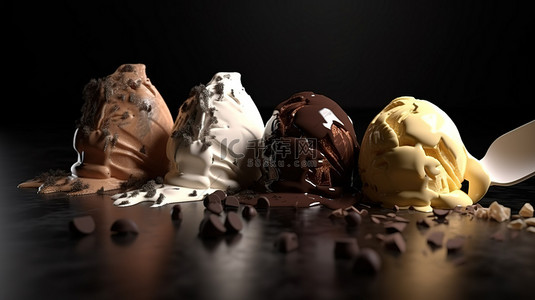 国潮竖版图背景图片_美味的 3D 渲染冰淇淋点心与咖啡奶油黑巧克力和松露块