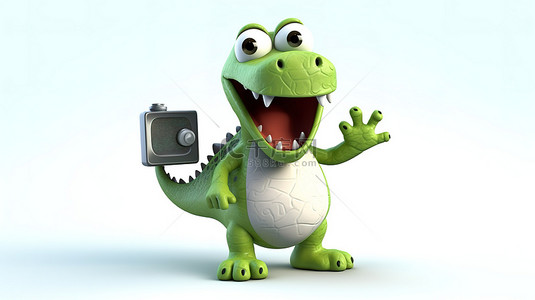 牙齿卡通人物背景图片_拿着迷你电视的搞笑 3D 恐龙卡通