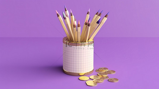 紫色背景上金币复选框铅笔和柔性纸的 3D 渲染
