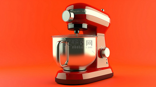 复古乌木厨房立式食品搅拌机在醒目的红色背景下创建 3D 逼真图像