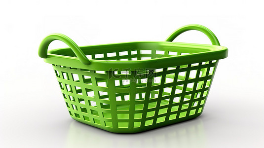 新年卖场背景图片_带有绿色购物篮的白色背景的 3d 渲染