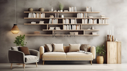 家庭书架背景图片_简约的斯堪的纳维亚客厅内部模型，配有空混凝土墙和 3D 渲染的书架