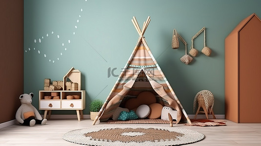儿童帐篷主题房间，配有印度风格相框玩具箱和 3D 渲染