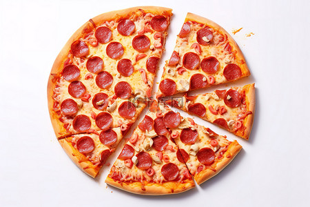 白色背景的披萨，中间是意大利辣香肠