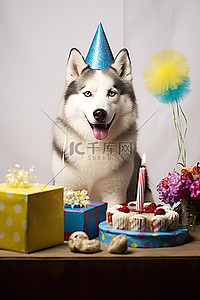 动物派对背景图片_一只哈士奇戴着派对帽，旁边是礼品盒生日蛋糕和礼物