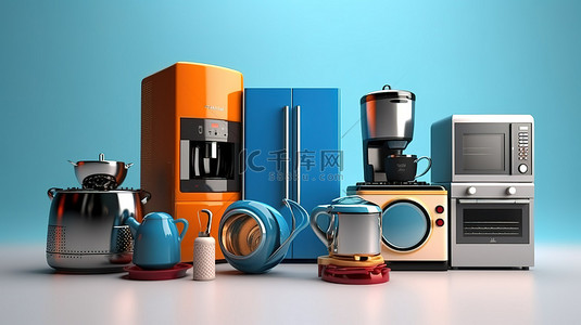 洗衣工背景图片_3D 渲染中的家用设备厨房用具阵列