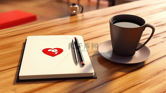 餐厅图标背景图片_咖啡庆祝日图标木桌设置，配有笔记本笔和 3D 渲染中的热气腾腾的咖啡