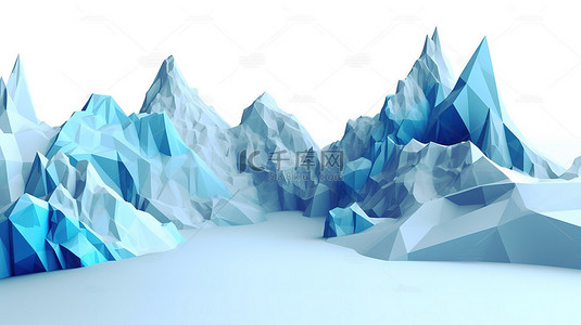 抽象白色背景下 3D 渲染中的低聚蓝色景观