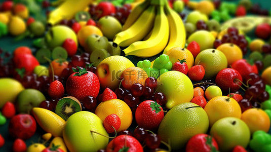 彩色水果背景背景图片_彩色混合水果背景的 3D 渲染
