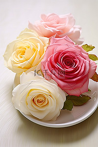 三色花背景图片_含有三朵彩色玫瑰的盘子