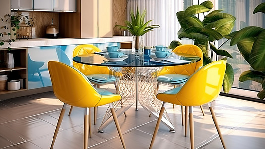 毛绒室内背景图片_优雅的玻璃餐桌，配有四把毛绒椅子，令人惊叹的厨房内部采用蓝色和黄色调色板 3D 渲染