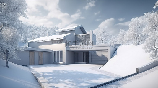 现代住宅与车库走道和冬季仙境的 3D 渲染