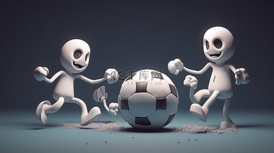 简约足球游戏 3D 渲染滑稽男子在球场上踢球