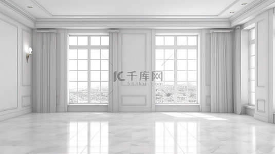 简约的空间，带有清晰的白色窗户和大理石地板 3D 渲染