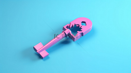 亮蓝色背景上粉红色断钥匙的柔和极简主义 3D 渲染