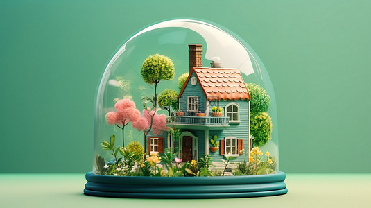 透明地球背景图片_迷人的卡通住宅位于玻璃圆顶内，配有美丽的花园 3D 渲染插图
