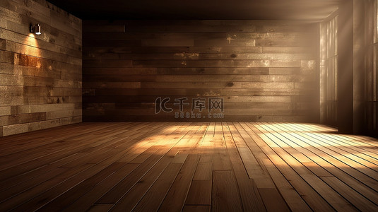 3d 聚光灯照亮的木地板垃圾内饰