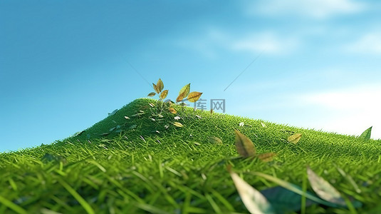 蓝天的 3D 渲染图像，绿草山上有一片枯叶