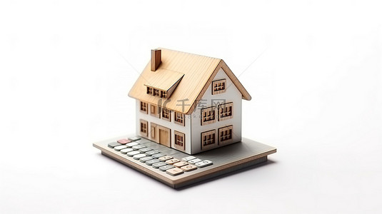 利率背景图片_白色背景下的 3D 渲染房屋形状抵押计算器